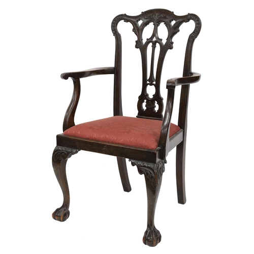 799 - Chippendale style mahogany carver chair, the carved interlaced vase splat over swept arms, a drop-in... 