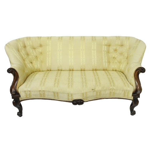 803 - Victorian carved frame upholstered settee with pale yellow striped and button-back foliate upholster... 