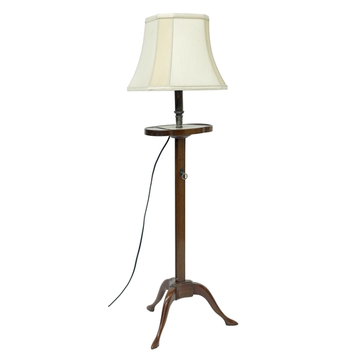 805 - Unusual mahogany telescopic lamp, with a silver plated mount upon a triangular column inset with a p... 