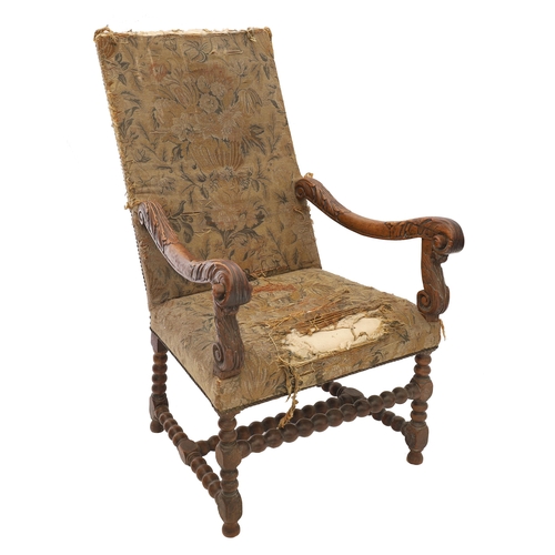 810 - Flemish 18th century walnut upholstered armchair, with foliate and stud upholstered back and seat an... 