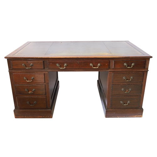 821 - Large late 19th/early 20th century pedestal desk, the top with an inset tooled leather writing surfa... 