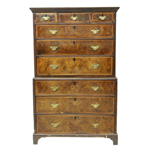 795 - Early 18th century walnut veneered chest on chest with oak lined crossbanded drawers each with match... 