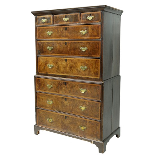 795 - Early 18th century walnut veneered chest on chest with oak lined crossbanded drawers each with match... 