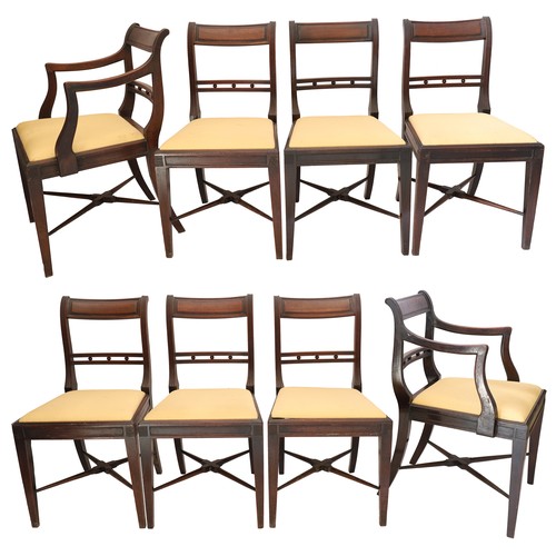 819 - Set of eight Georgian mahogany dining chairs, with bar backs over drop-in upholstered seats over tap... 