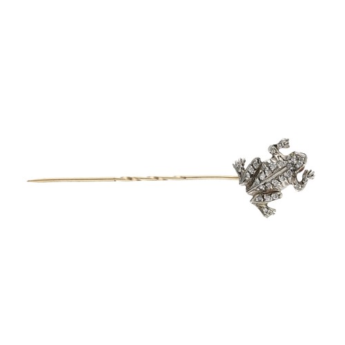 151 - Novelty white metal diamond set frog stick pin, 2.8gm, 58mm