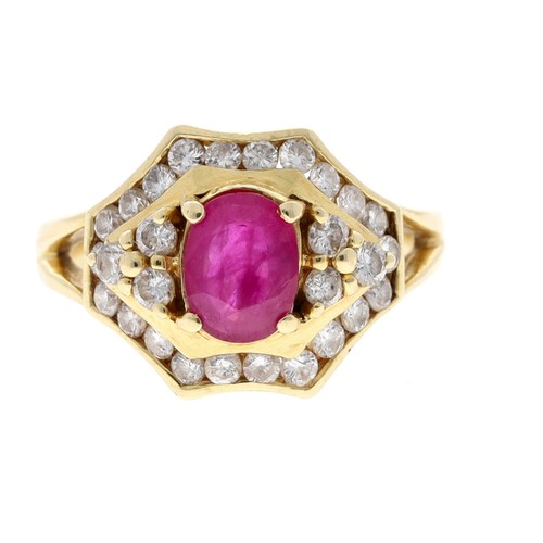 51 - 18ct yellow gold ruby and diamond cluster ring, the oval ruby 0.85ct approx, round brilliant-cut dia... 