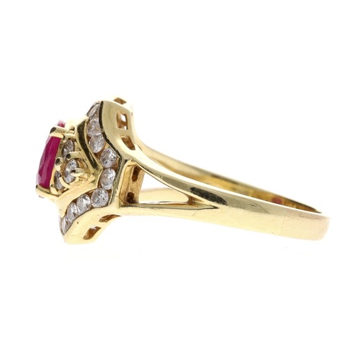 51 - 18ct yellow gold ruby and diamond cluster ring, the oval ruby 0.85ct approx, round brilliant-cut dia... 