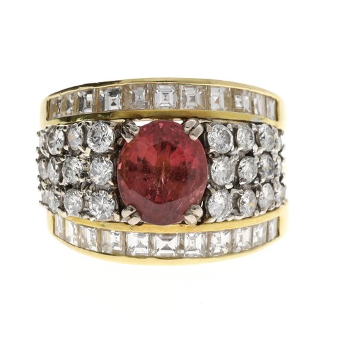 61 - Impressive 18ct yellow gold pink tourmaline and diamond band ring, the tourmaline 1.15ct approx, rou... 