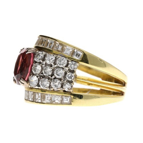 61 - Impressive 18ct yellow gold pink tourmaline and diamond band ring, the tourmaline 1.15ct approx, rou... 