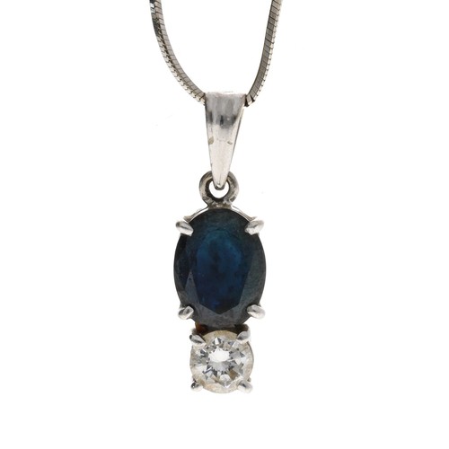 71 - Modern 18ct white gold sapphire and diamond pendant on a slender chain, the oval sapphire 2.30ct app... 