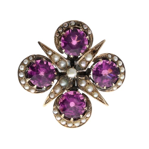 32 - Attractive Victorian gold amethyst and seed pearl brooch, 3.7gm, 21mm