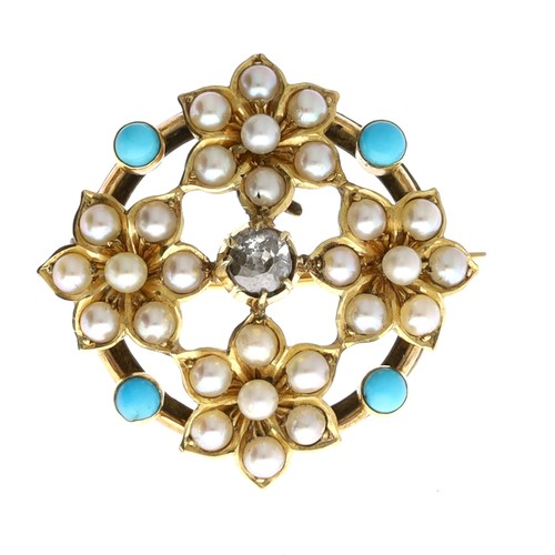 33 - Attractive Victorian gold pearl, turquoise and old-cut diamond brooch, the diamond 0.20ct approx, 4.... 