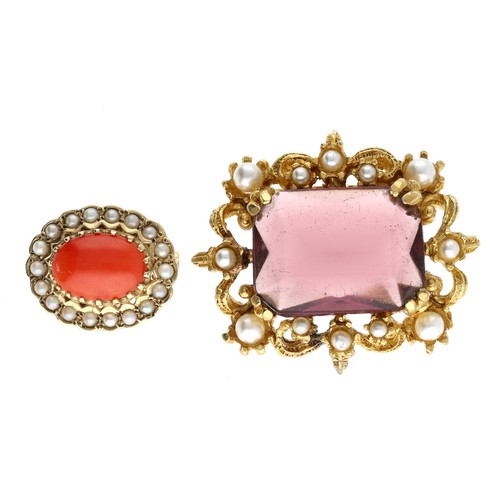 44 - 9ct oval cabouchon coral and seed pearl  brooch, 4.9gm, 19mm x 23mm; with a gilt plated amethyst and... 