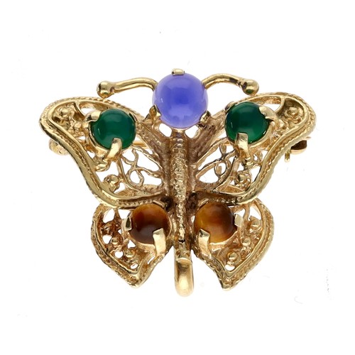 92 - 14ct filigree butterfly brooch set with cabouchon gems including tiger's eye, 5gm, 21mm x 26mm... 