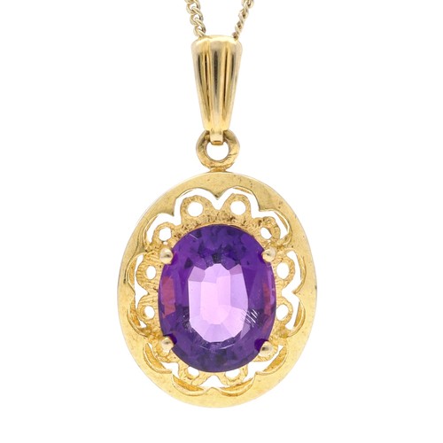 105 - Amethyst 9ct oval set pendant on a slender chain, the of good colour amethyst 2.35ct approx, 3.5gm, ... 