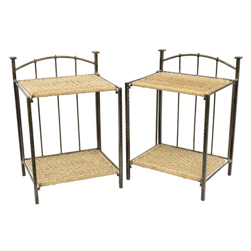 822 - Pair of woven rush shelved folding metal bedside stands, 18