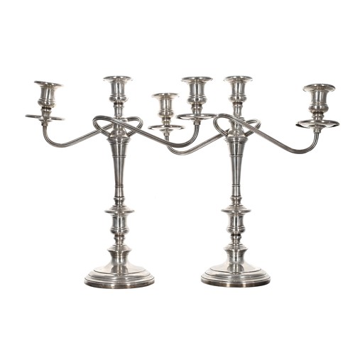 521 - Pair of S Kirk & Son Sterling silver triple sconce candelabra, the upper screw dividing at the c... 