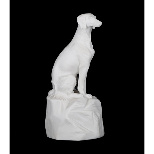 613 - 19th century Minton Parian figural study of a Saluki, modelled seated on a naturalistic rocky base, ... 