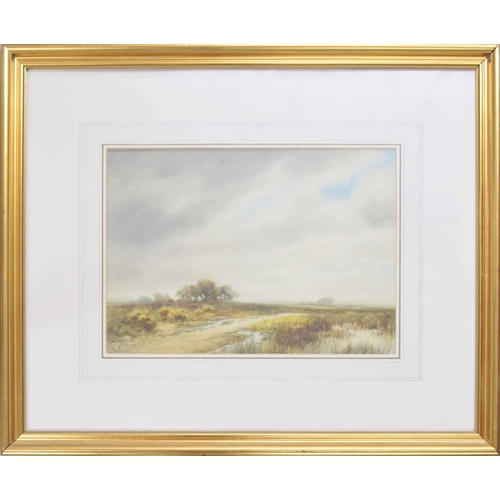 684 - J* Mortimer (19th/20th century) - Marshy landscape with trees, signed, pencil and watercolour, 9.75