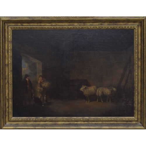 706 - After George Morland (19th century) - A stable interior with two figures and a dog, sheep nearby, oi... 