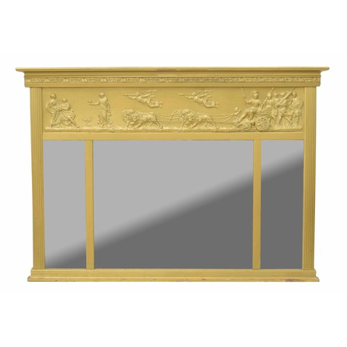 777 - Regency style gilt over-mantel triptych mirror, the frieze with figures and lion drawn chariot over ... 