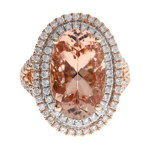 35 - Attractive 14ct rose gold morganite and diamond oval cluster ring, the morganite 4.14ct approx, in a... 