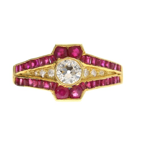 55 - Attractive 18ct yellow gold ruby and diamond ring, old-cut centre diamond 0.39ct, set in a border of... 