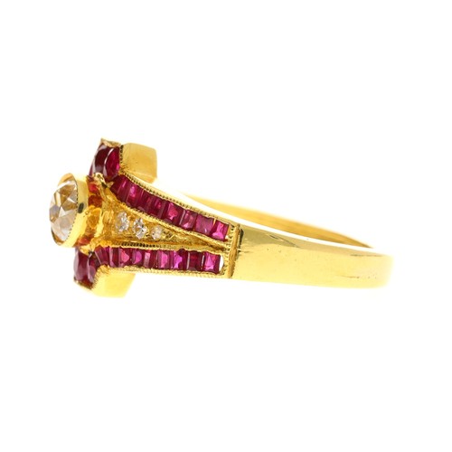 55 - Attractive 18ct yellow gold ruby and diamond ring, old-cut centre diamond 0.39ct, set in a border of... 