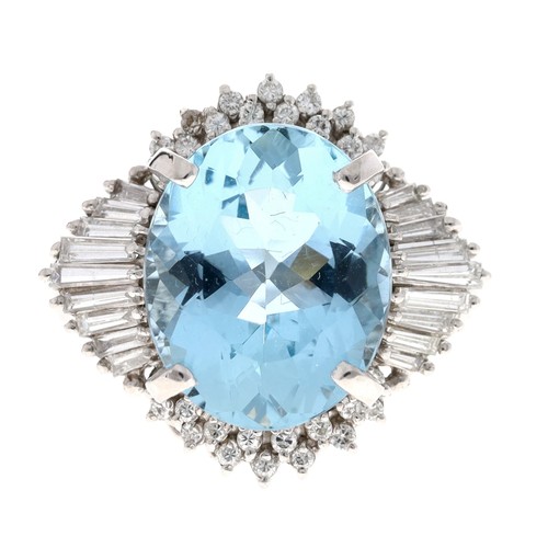 75 - Fine platinum aquamarine and diamond ring, the oval-cut aquamarine 5.05ct approx, in a stylised sett... 