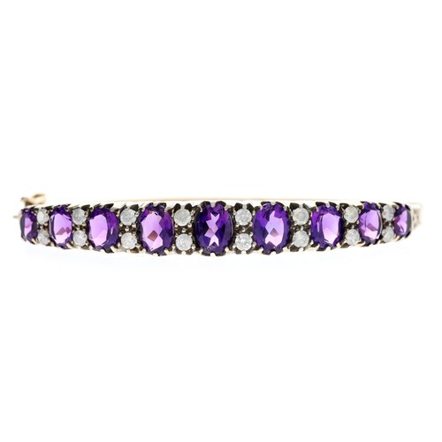 155 - Attractive Victorian style amethyst and diamond bangle, round brilliant-cut diamonds, 11.7gm, band w... 