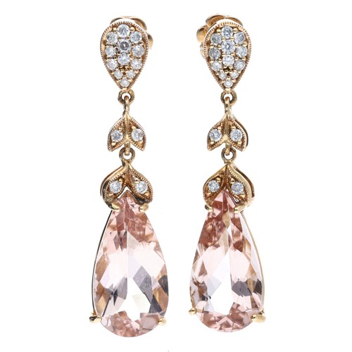 165 - Pair of 18ct rose gold morganite and  diamond drop earrings, the pear-cut morganite 8.95ct approx, r... 