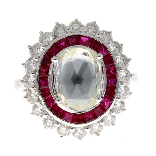 175 - Impressive 18ct white gold rose-cut ruby and diamond cluster ring, the oval centre diamond measures ... 