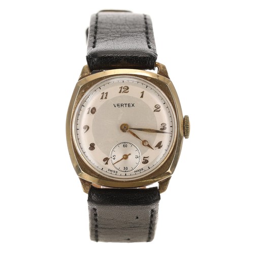 24 - Vertex 9ct cushion cased gentleman's wristwatch, Birmingham 1955, circular silvered dial with gilt a... 