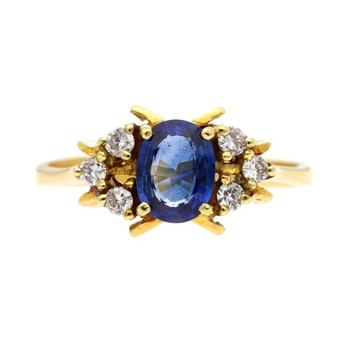 47 - Pretty 18ct yellow gold sapphire and diamond dress ring, the sapphire of good colour, 0.75ct approx,... 