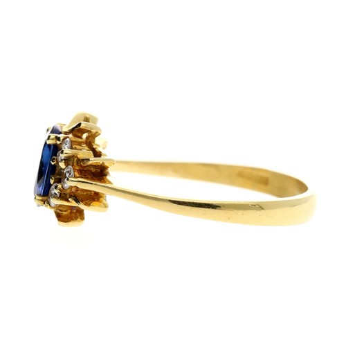 47 - Pretty 18ct yellow gold sapphire and diamond dress ring, the sapphire of good colour, 0.75ct approx,... 