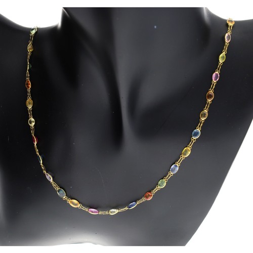 57 - 14ct yellow gold mixed sapphire slender long necklace, 5.1gm, 21