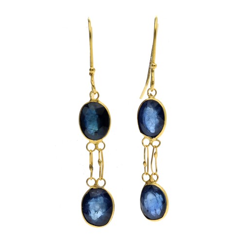 127 - Pair of 14ct yellow gold sapphire earrings, hook backs, 28mm