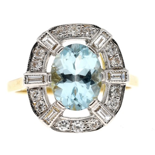 62 - Good 18ct and platinum aquamarine and diamond oval cluster ring, the oval aquamarine 1.70ct approx, ... 