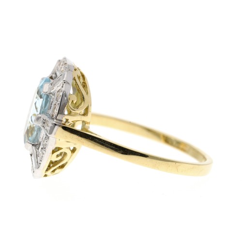 62 - Good 18ct and platinum aquamarine and diamond oval cluster ring, the oval aquamarine 1.70ct approx, ... 