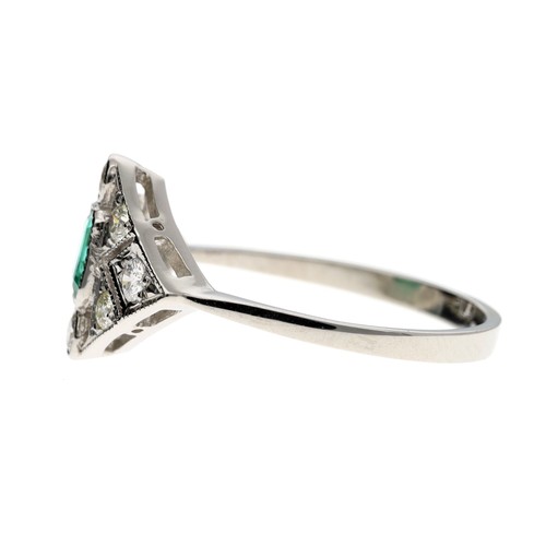 82 - Art Deco style platinum emerald and diamond cluster ring, the emerald 0.40ct approx, round brilliant... 