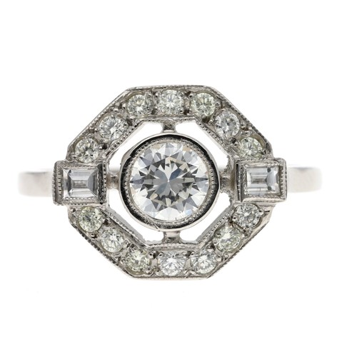 132 - Fancy platinum and diamond ring in the Art Deco manner, baguette and round brilliant-cut diamonds in... 