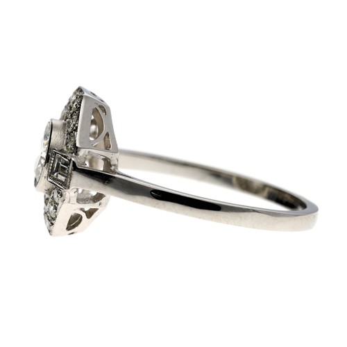 132 - Fancy platinum and diamond ring in the Art Deco manner, baguette and round brilliant-cut diamonds in... 