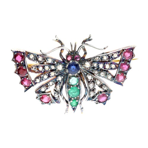 182 - Attractive butterfly brooch brooch in the Victorian style, set with rose-cut diamonds, emeralds, rub... 