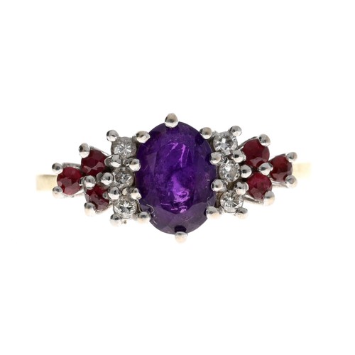 46 - 18ct yellow gold ruby, sapphire and diamond cluster ring, width 9mm, 3.3gm, ring size H/I... 