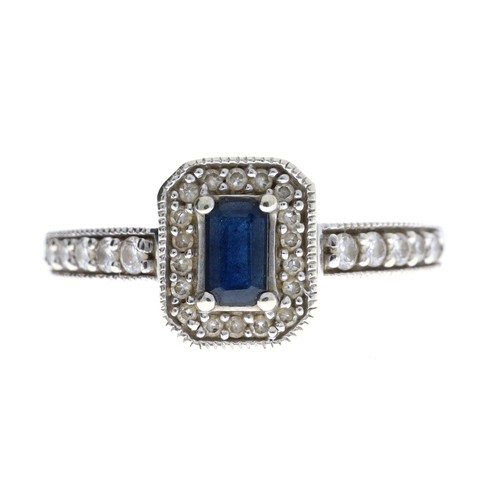 56 - Fancy 9ct white gold sapphire and diamond dress cluster ring with diamond set shoulders, width 9mm, ... 