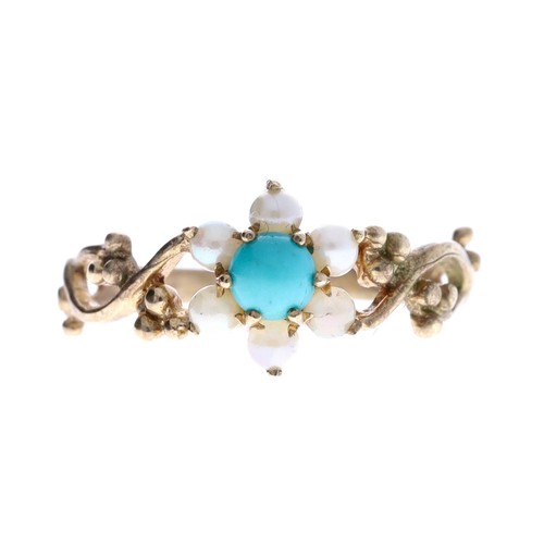 66 - Pretty 9ct turquoise and pearl floral design ring, width 9.5mm, 1.5gm, ring size M