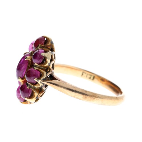 76 - 18ct rose gold cabouchon ruby oval cluster ring, width 17mm, 4.7gm, ring size M