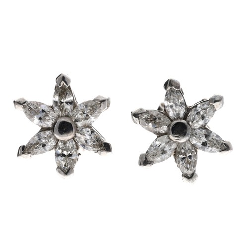 254 - Pair of 18ct white gold diamond set snowflake earrings, each set with  six marquise-cut diamonds, po... 