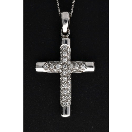 246 - 18ct white gold pavé diamond set cross pendant on a slender necklace, round brilliant-cuts, 5.3gm, t... 