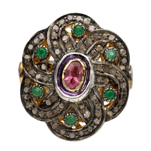 74 - Large silver gilt dress ring set with pink tourmaline, emeralds and diamonds, the tourmaline 0.45ct,... 